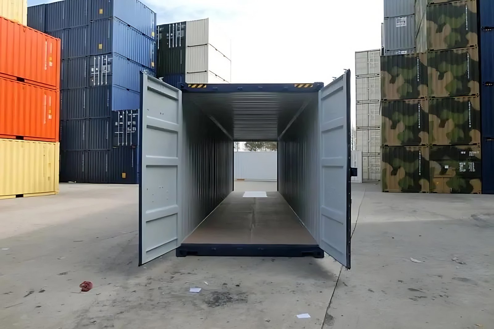 40ft New Tunnel Shipping Container – Dual-End Doors – open container doors revealing empty interior and opposite end opening