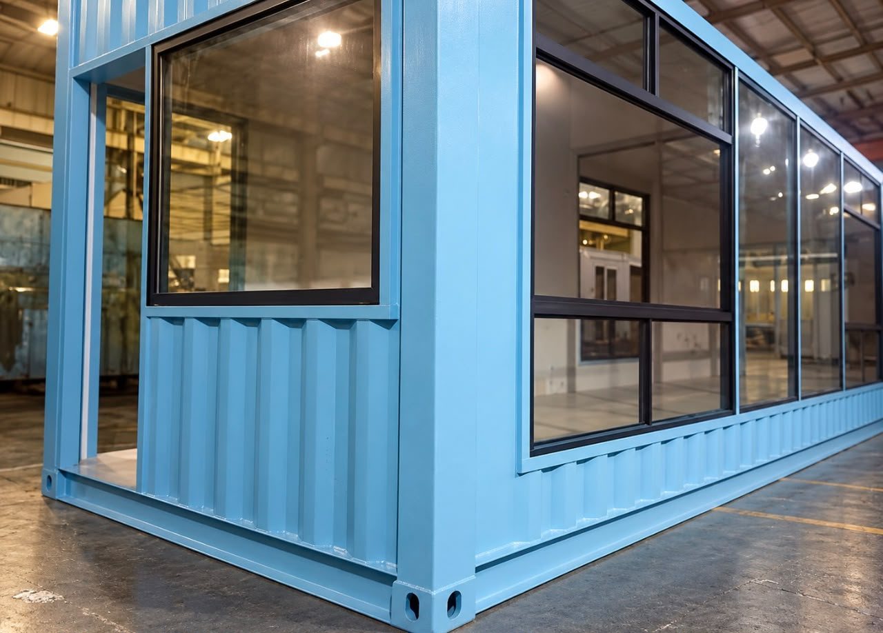 40ft Glazed Open-Plan Container – Lined Interior, Blue – 40ft Glazed Open-Plan Container — Glass Corner Window Close-Up