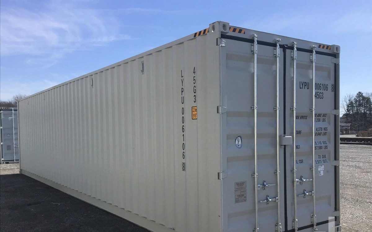 40ft High Cube Shipping Container – One-Trip, Two Side Doors – three-quarter exterior view of container with cargo doors closed