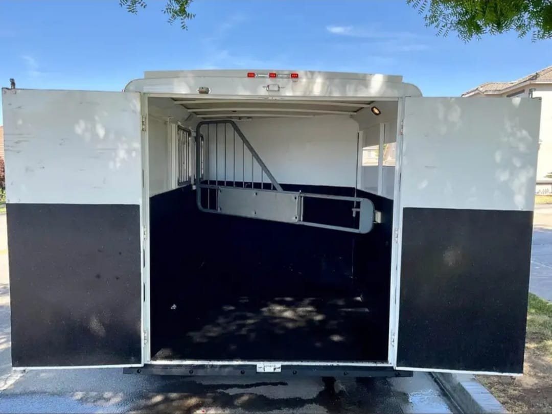2007 Circle J 2 Horse Trailer – Slant Load – Open rear doors of horse trailer showing black rubber floor and divider