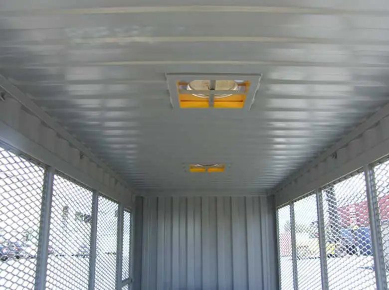 20 ft Gas Cylinder Storage Container – Yellow – Wide interior shot of the storage unit showing metal flooring and mesh sides