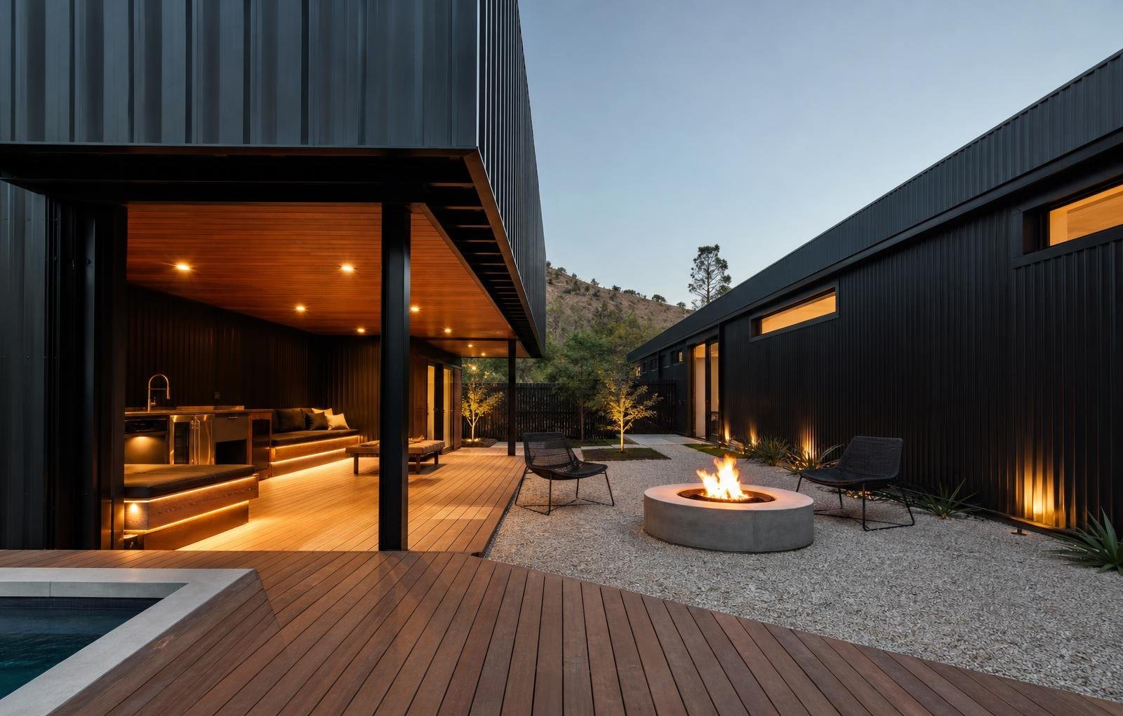 10-Module Container Home – The Ultimate, 3-Bedroom Courtyard – An architectural view of the luxury wellness villa featuring a central fire pit and integrated 40ft container modules