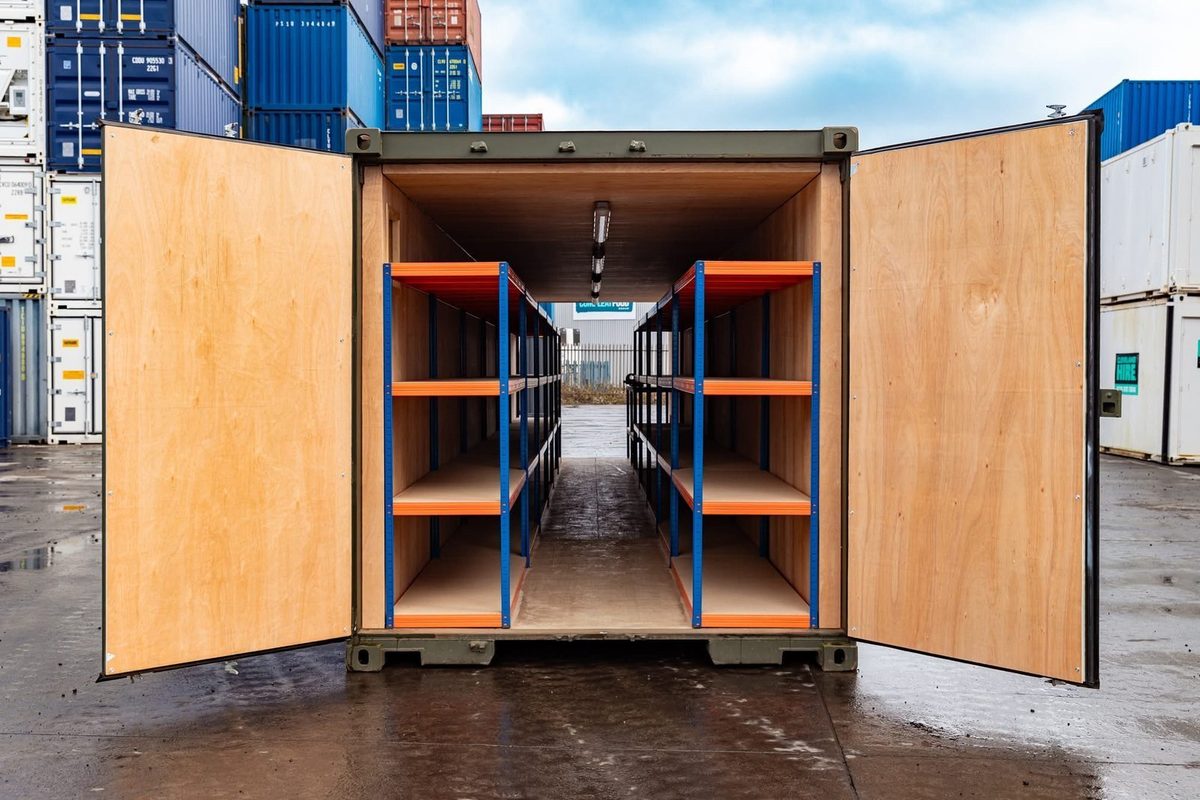 40ft Tunnel Container Workshop – Dual-End Access and Shelving – open container doors revealing shelving along both interior walls