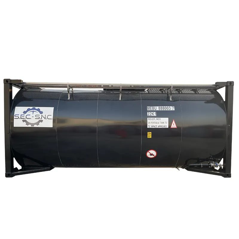 20ft Carbon Steel Tank Container – Liquid Storage and Transport – side view of tank container in steel transport frame