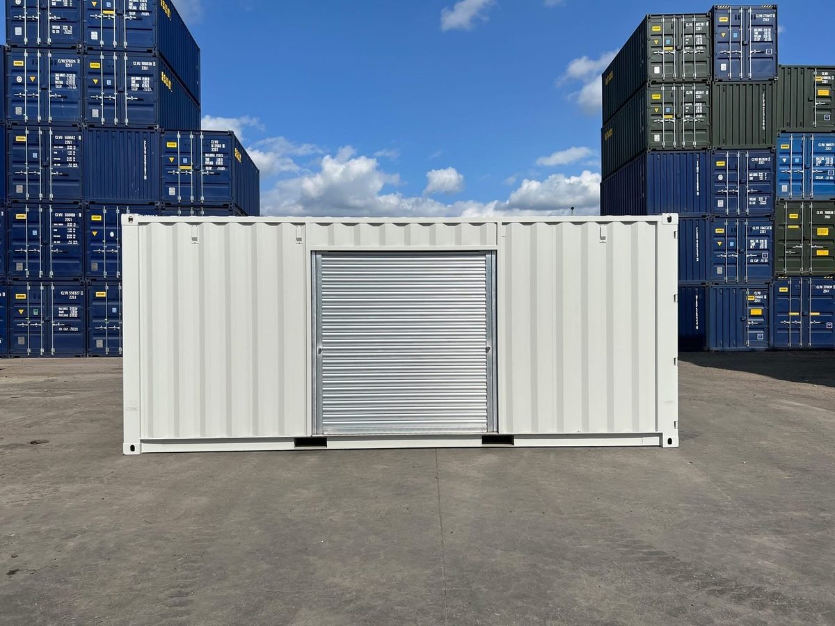 20ft Refurbished Shipping Container – Roller Shutter Access – white shipping container with closed silver roller shutter door