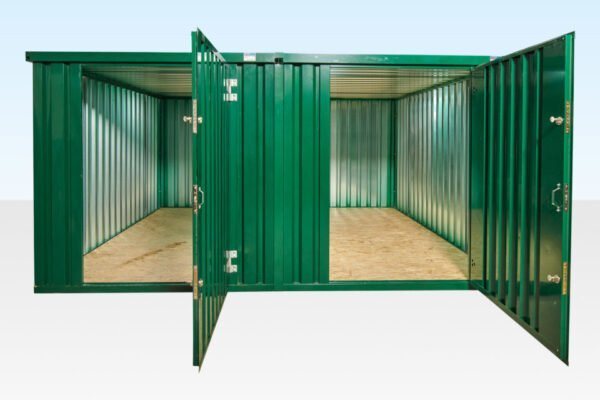 3 m (9.8 ft) Flat-Pack Storage Bundle – Green Powder Coat – Front view of the linked green containers with both double doors fully open