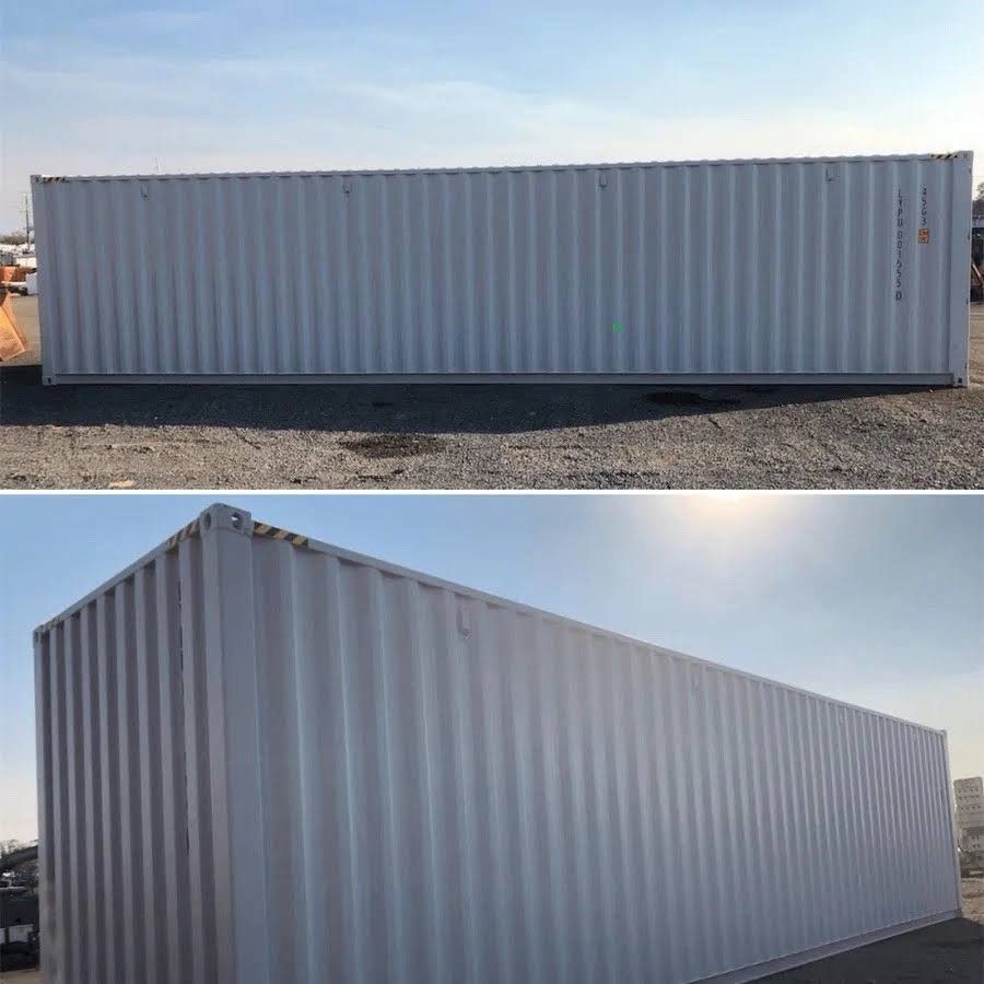 40ft High Cube Shipping Container – 4 Side Doors + End Access – two exterior views of a gray shipping container