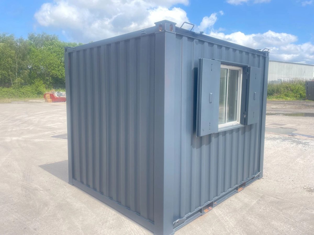 10ft Shipping Container – Unfitted Office Conversion Base – three-quarter exterior of office container with open window shutters