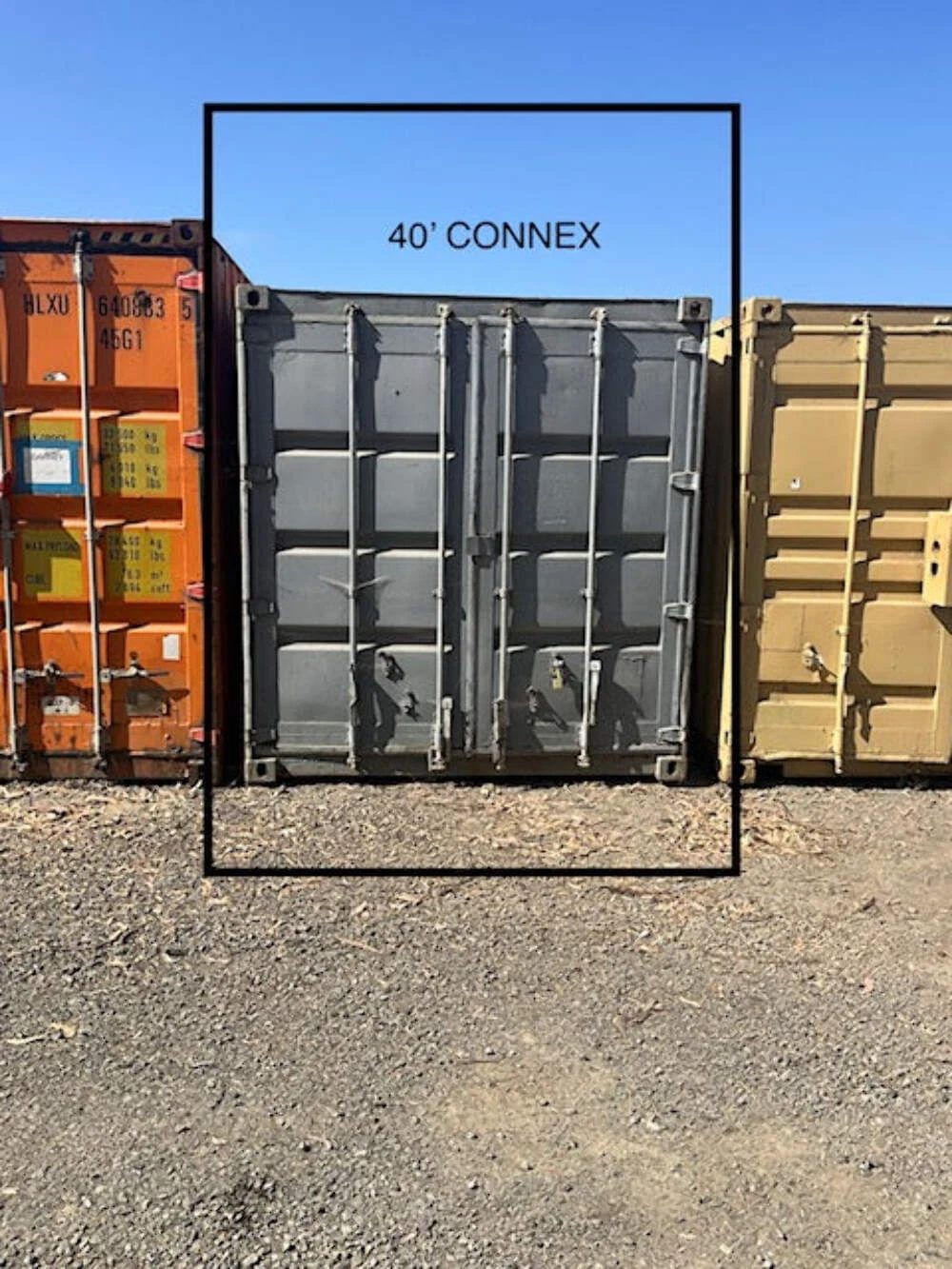 40ft Used Shipping Container – Double Doors at Both Ends – closed gray container cargo doors between two other containers