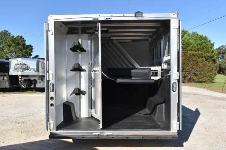 2018 Lakota 83HBPSL 3 Horse Trailer – Aluminum – Rear view of the horse trailer with the back door wide open