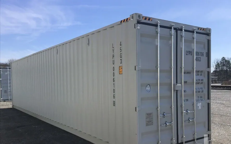 40ft High Cube Shipping Container – One-Trip, Two Side Doors – three-quarter exterior view of container with cargo doors closed