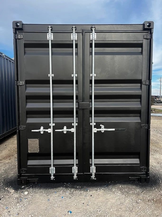 40ft Modified Shipping Container – Three Roll-Up Side Doors – closed container cargo doors with silver locking bars