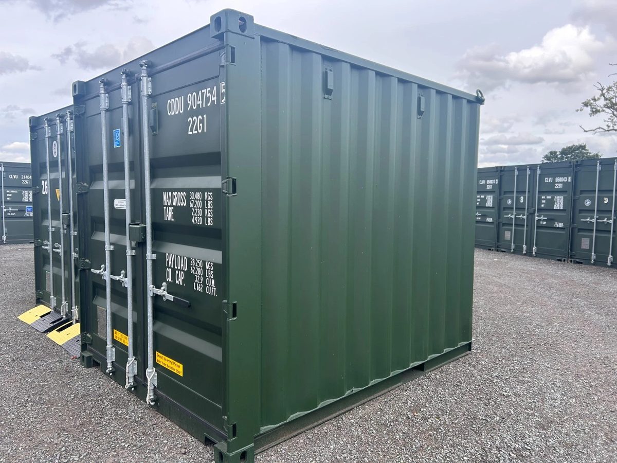 10ft New Shipping Container – Double Cargo Doors – three-quarter exterior view of green container with cargo doors closed