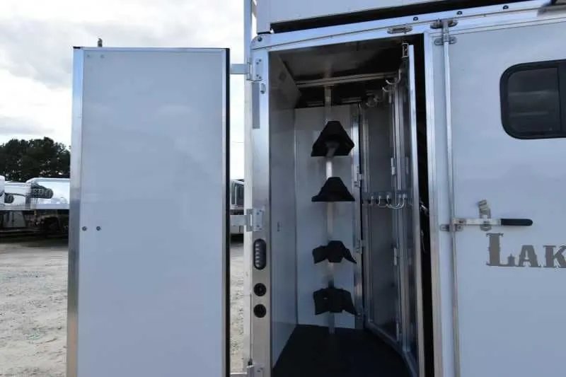 2018 Lakota 4 Horse Trailer – 2 ft Short Wall – Rear tack area with four-tier saddle rack and bridal hooks