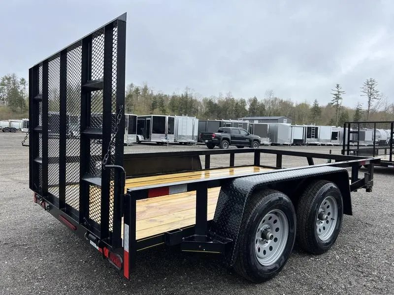 2024 Reiser Trailers 12 ft Landscape Trailer – Ramp Gate – Rear three-quarter view of the trailer with the mesh ramp gate in the upright position