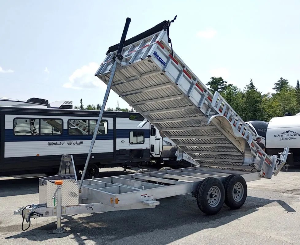 2025 Mission Trailers 16 ft Dump Trailer – Aluminum – Opposite side view of the trailer with dump bed raised for inspection