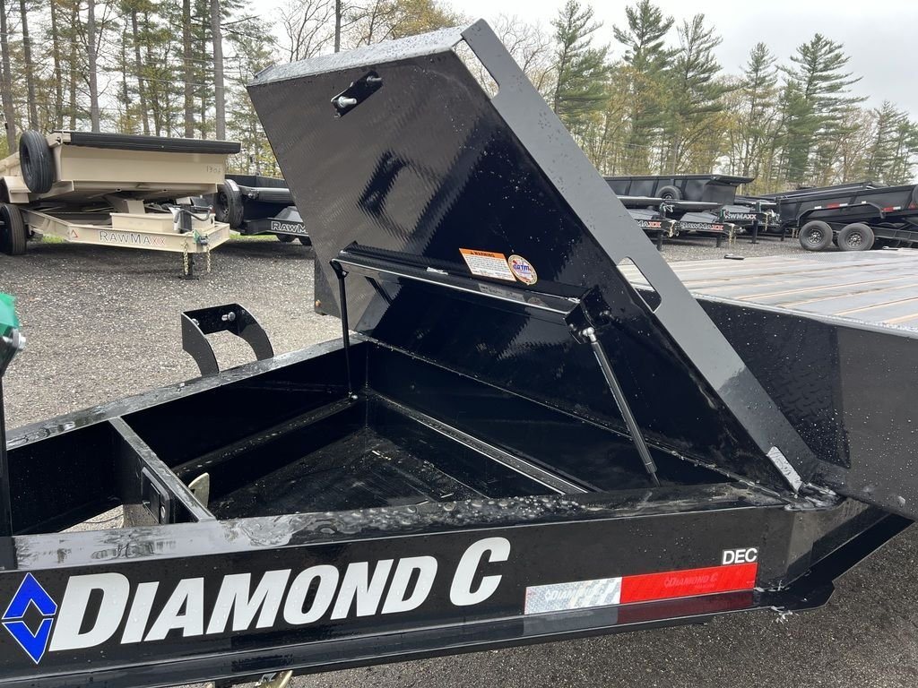 2024 Diamond C 24 ft Deckover – Blackwood Deck – Close up of an open front tongue storage box with gas strut