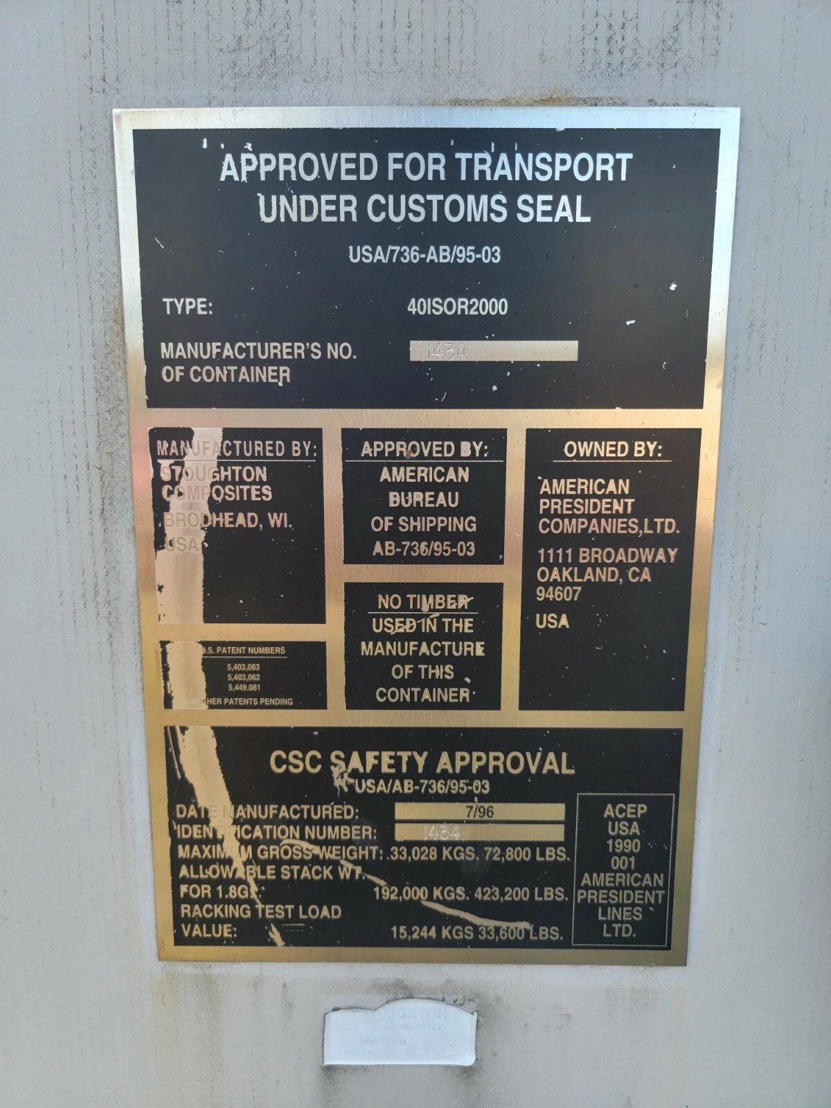 40ft As-Is Insulated Container – Electrical Connection – close-up of container manufacturing and safety approval plate