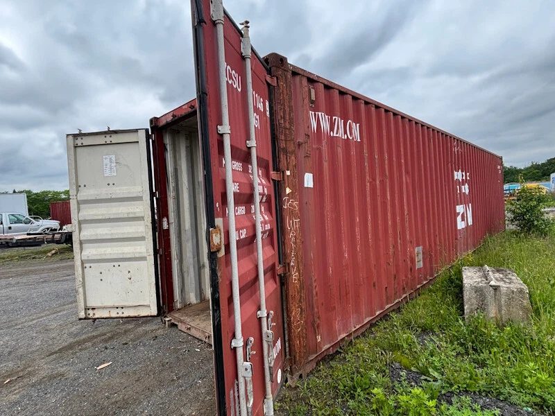 45ft Used High Cube Shipping Container – Red Storage Unit – weathered red shipping container with cargo doors open