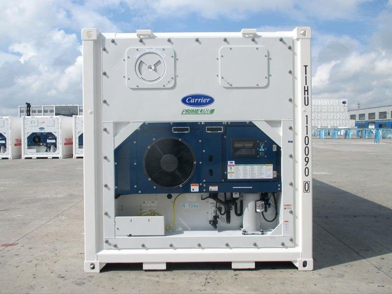 20ft High Cube Refrigerated Container – Adjustable Cold Storage – front view of refrigerated container with exposed cooling equipment