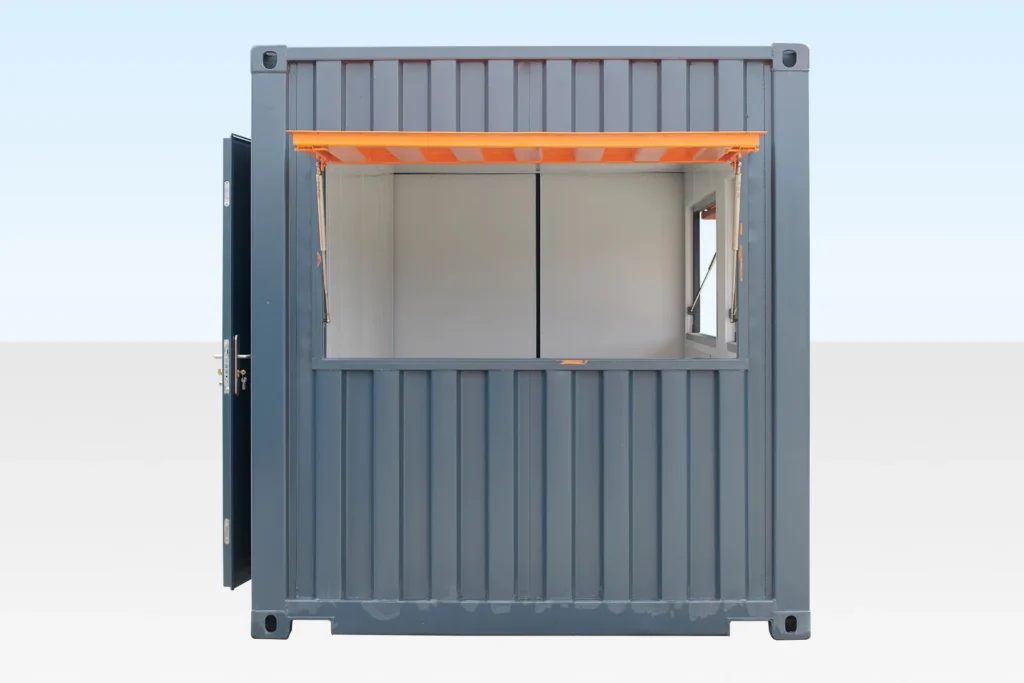 20ft Custom Container Café – Configurable Food Service Layout – front exterior with open serving hatch and orange awning