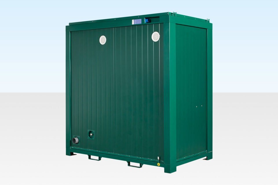 Double Mains Toilet – Green, Two Toilets – Clean full exterior shot of a green double mains toilet unit on a plain background