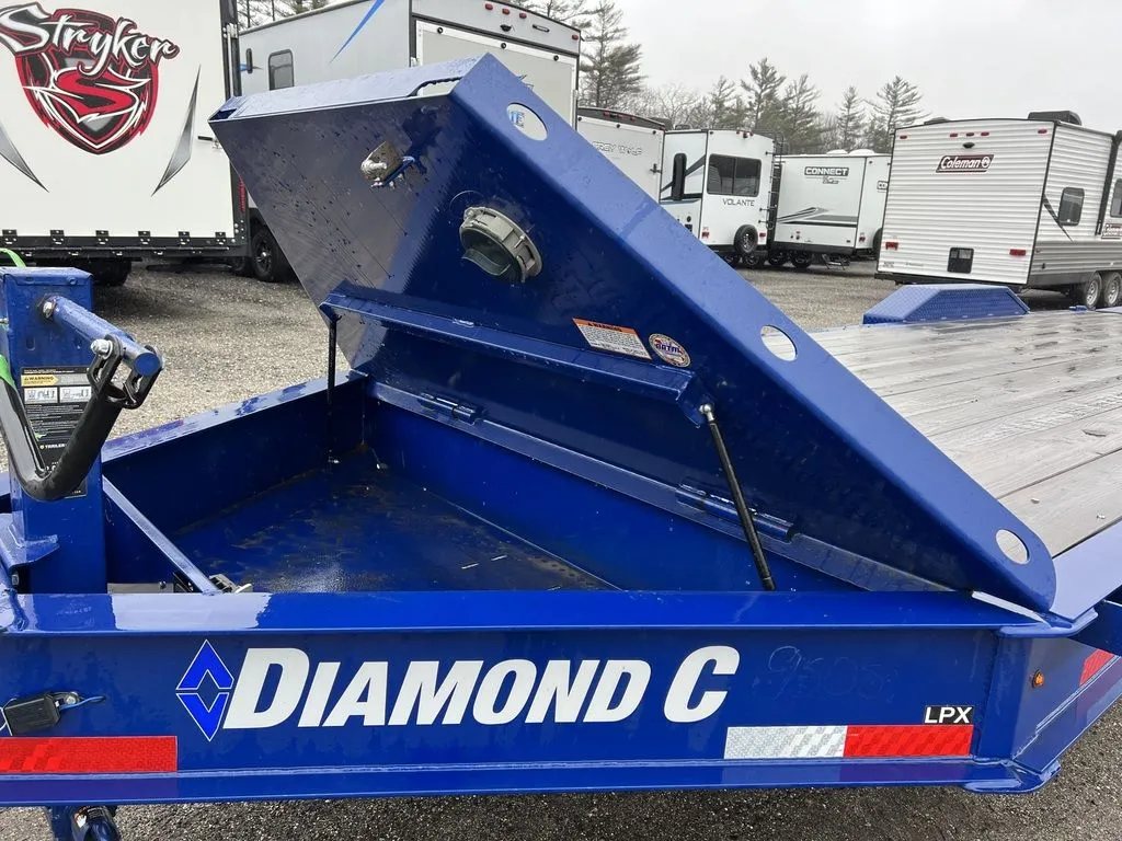 2022 Diamond C 24 ft Equipment Trailer – Max Ramps – View of the open front storage toolbox built into the trailer tongue