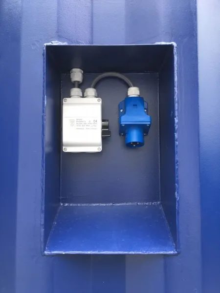 10ft Insulated Accommodation Container – Site Office – recessed electrical hookup and junction box on container wall