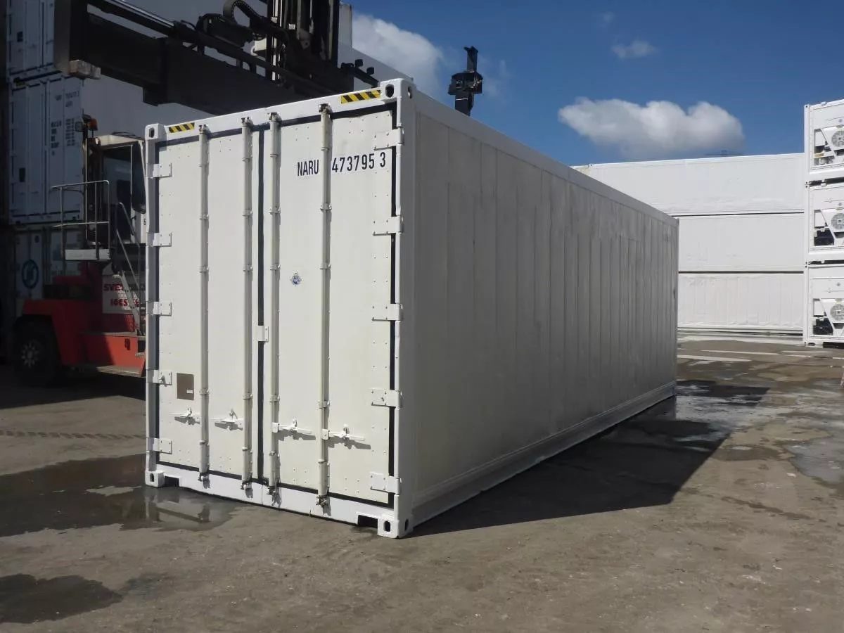 30ft Customized Reefer Container – Mobile Freezer Storage – three-quarter exterior view of white refrigerated container with closed doors