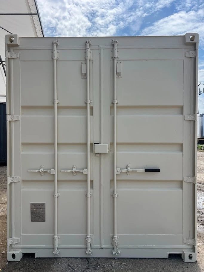 20ft High Cube Container Office – Side Entry and Two Windows – straight-on view of closed container cargo doors