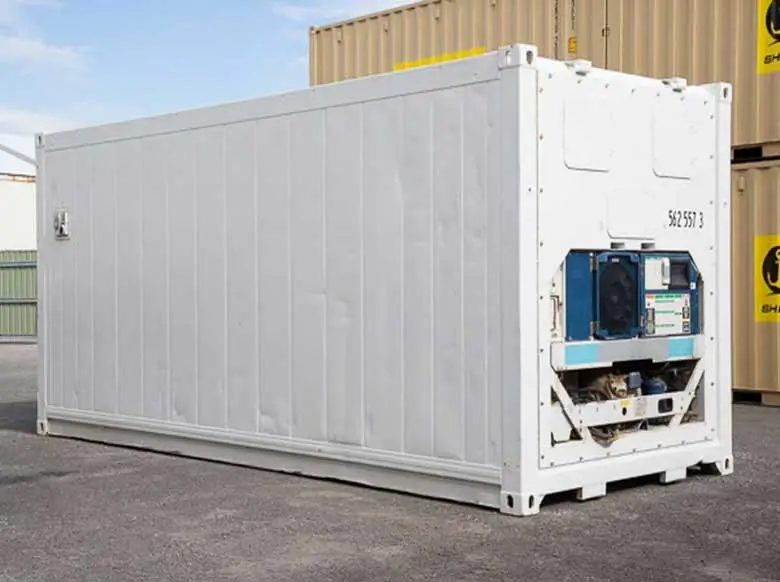 20ft High Cube Refrigerated Container – Adjustable Cold Storage – three-quarter exterior view of white container with refrigeration machinery