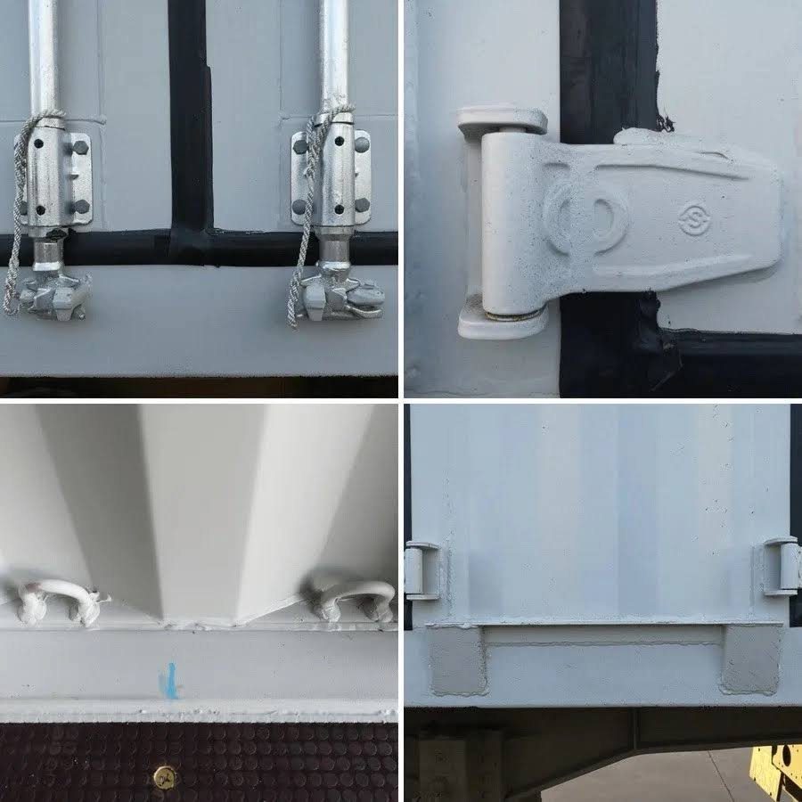 40ft High Cube Shipping Container – 4 Side Doors + End Access – four closeups of container locking rods, hinges and welded fittings