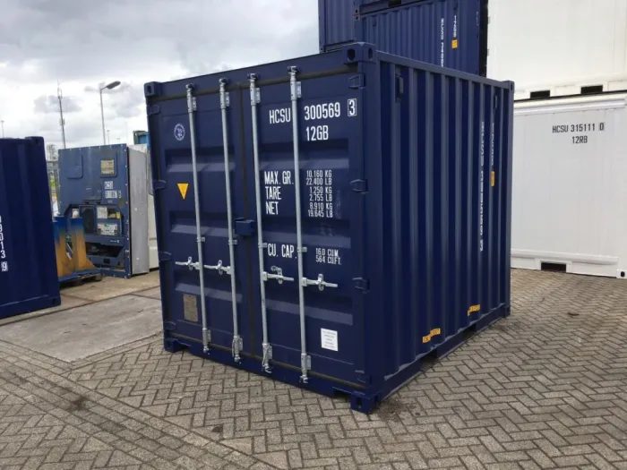 10ft Insulated Accommodation Container – Site Office – three-quarter exterior view of blue container with cargo doors closed