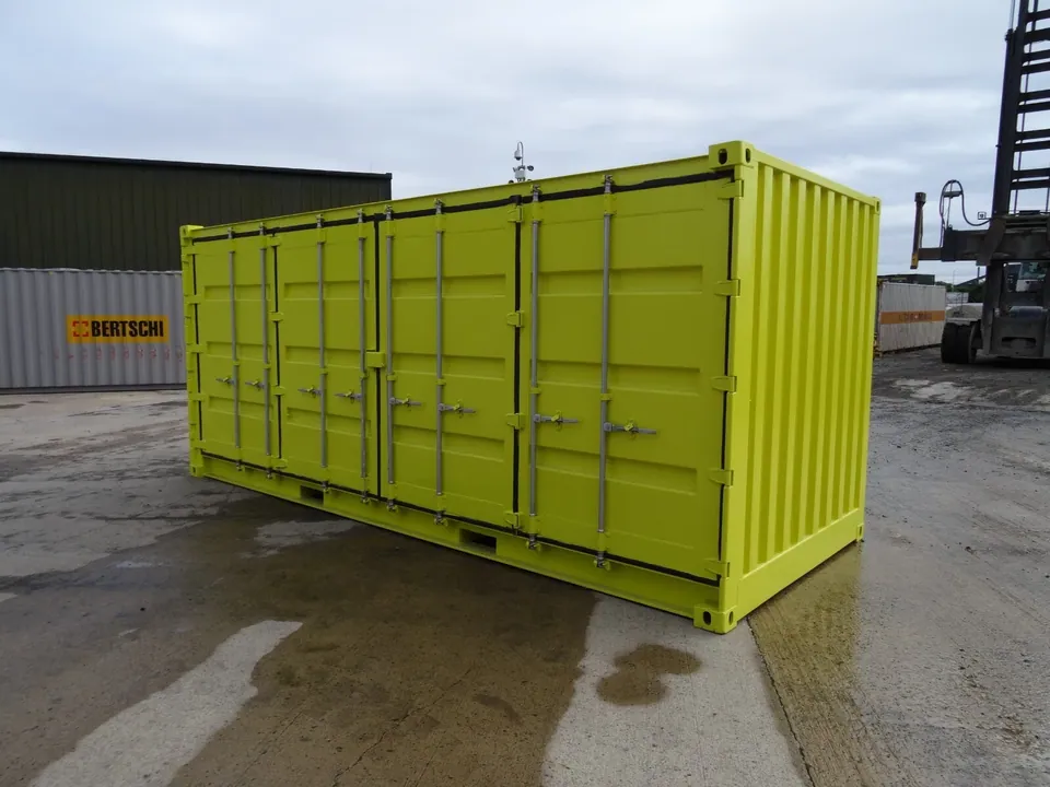 20ft Bunded Storage Container – Integrated Spill Containment – Three-quarter exterior view of container with closed side doors