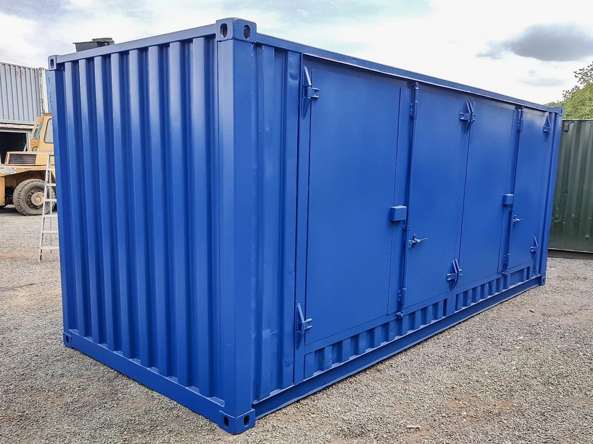 20ft Refurbished Bunded Container – Side Access Doors – three-quarter exterior view of blue container with side doors closed