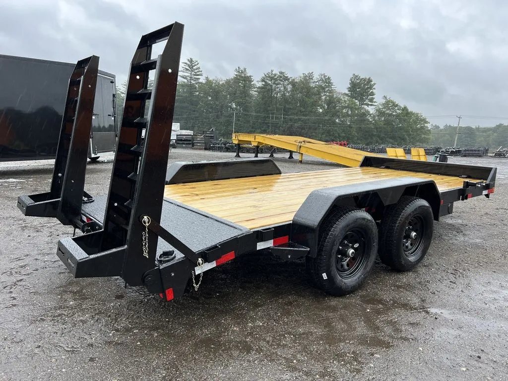 2024 Rice Trailers 16 ft Equipment Trailer – Toolbox – Rear three-quarter view from the right side showing the ladder ramps and fenders