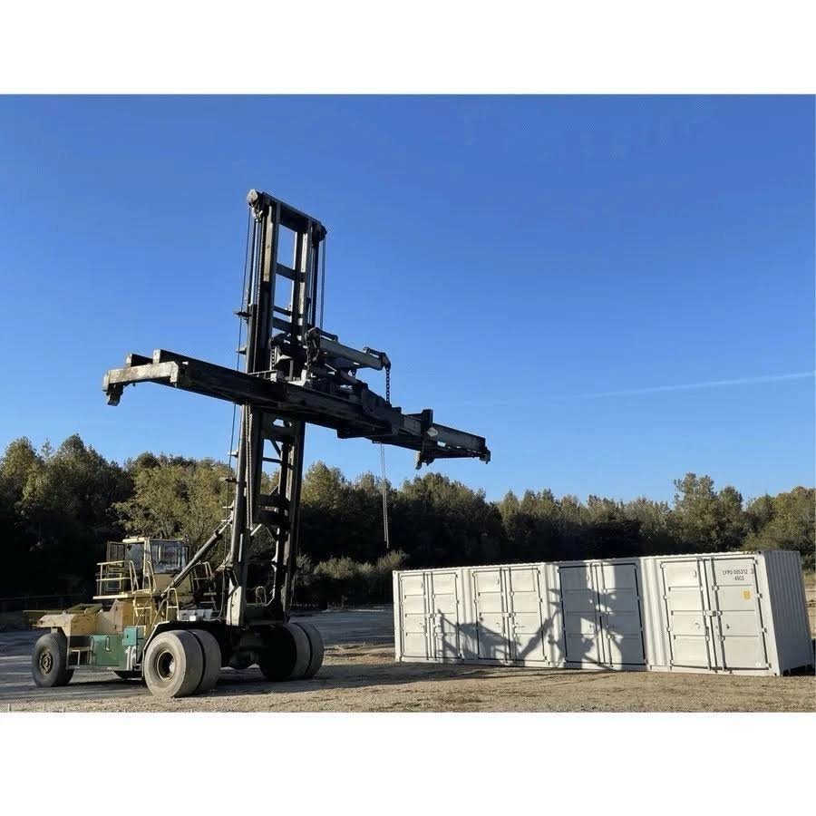 40ft High Cube Shipping Container – 4 Side Doors + End Access – container with four closed side doors beside large forklift