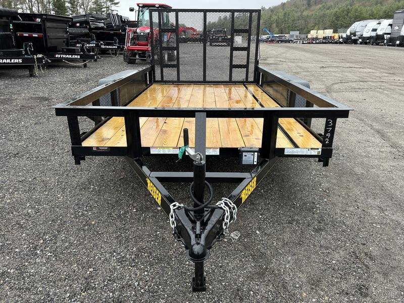 2024 Reiser Trailers 12 ft Landscape Trailer – Ramp Gate – Front view looking down the length of the trailer towards the mesh gate