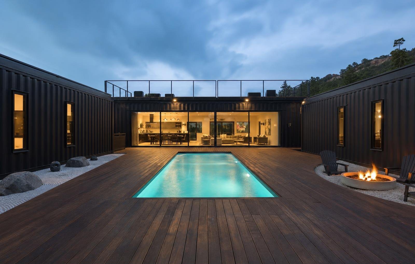 10-Module Container Home – The Ultimate, 3-Bedroom Courtyard – A seamless indoor-outdoor living experience featuring a gourmet kitchen and lounge that opens directly to the private pool deck