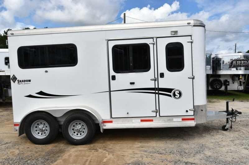 2016 Shadow 2 Horse Trailer – Aluminum, Dressing Room – Full right side exterior view of the white horse trailer with closed doors