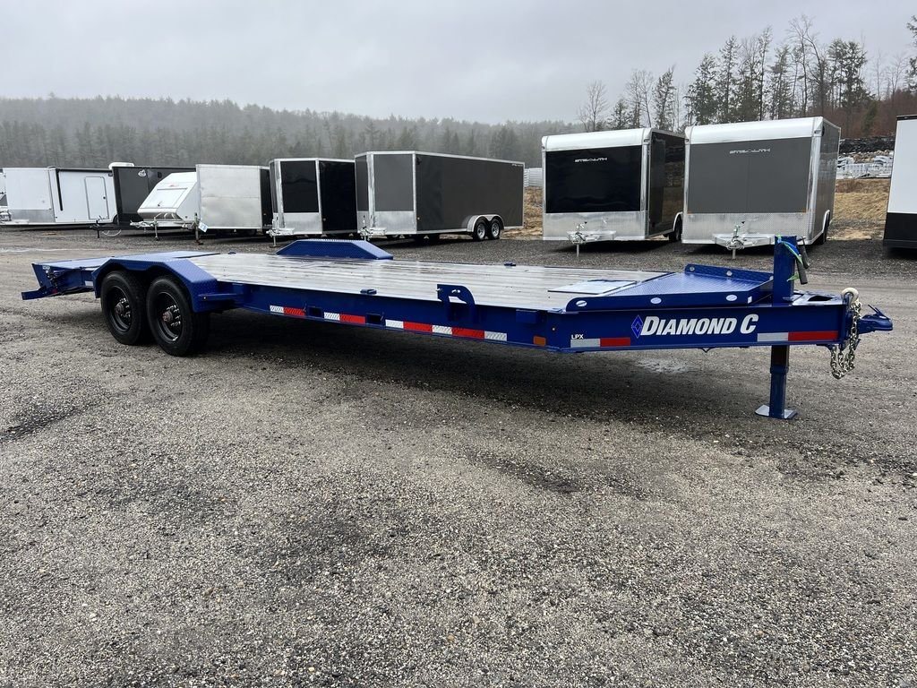 2022 Diamond C 24 ft Equipment Trailer – Max Ramps – Wide shot of the full exterior side profile of the blue equipment trailer