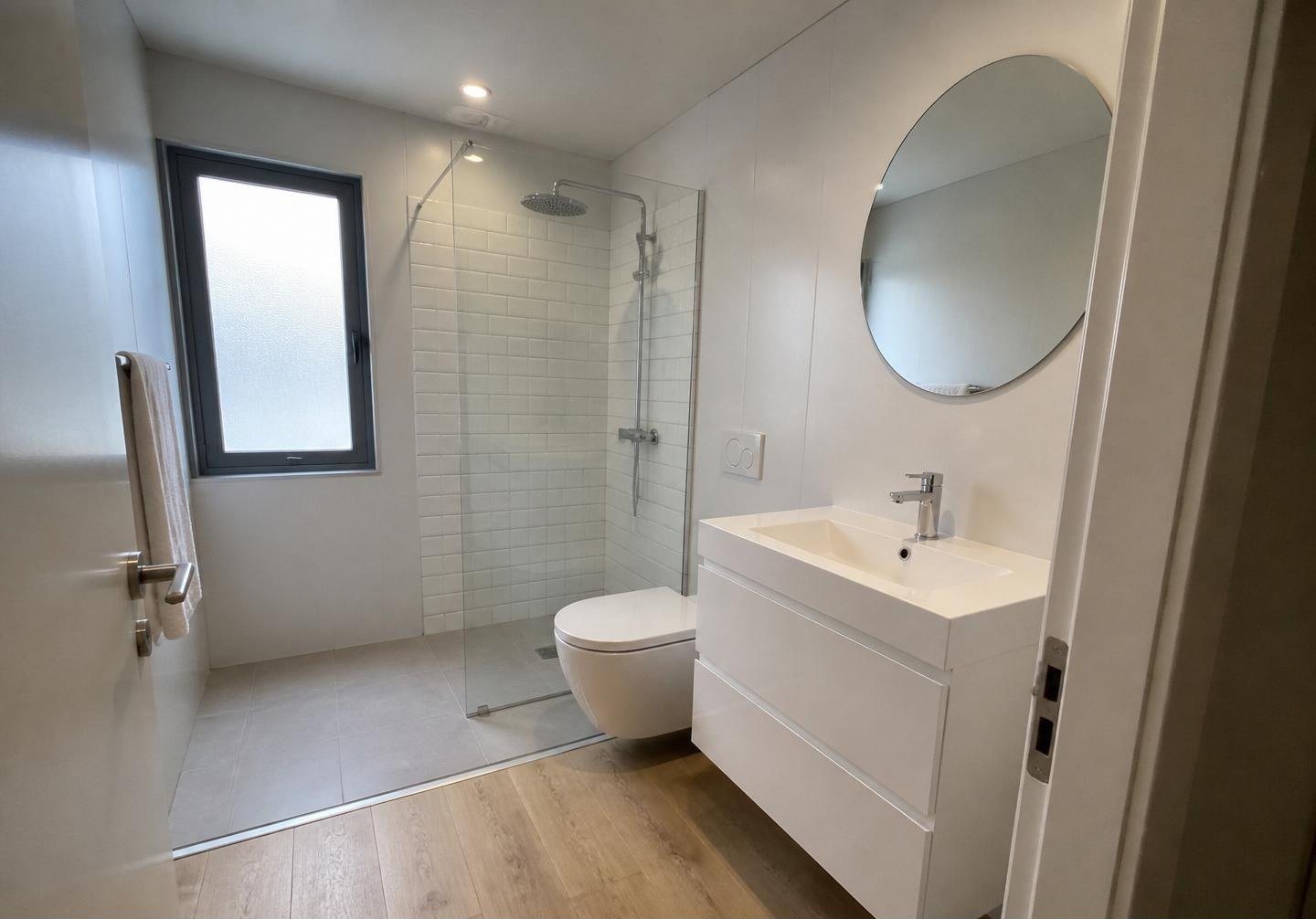 40ft Prefab Container Home – Loft & Covered Deck – Bathroom vanity and walk-in shower