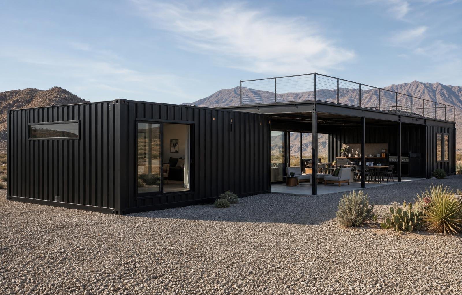 10-Module Container Home – The Ultimate, 3-Bedroom Courtyard – Enjoy refined minimalist living in this primary bedroom featuring recessed lighting and direct access to a private outdoor deck