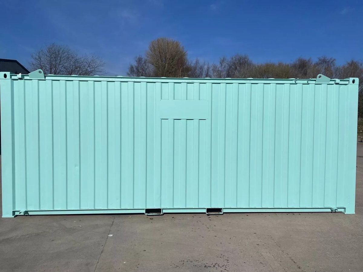 20ft Refurbished Storage Container – Anti-Vandal Doors – straight-on side view of pale turquoise storage container