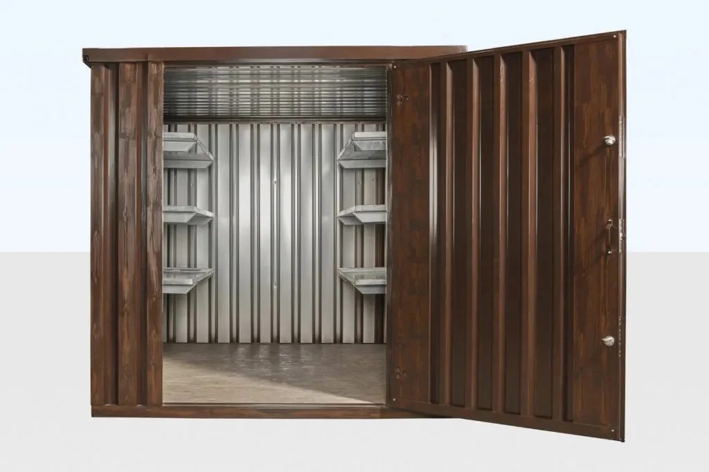 2m Flat Pack Steel Storage Container – Wood-Effect Finish – wood-effect storage container with open door and empty interior