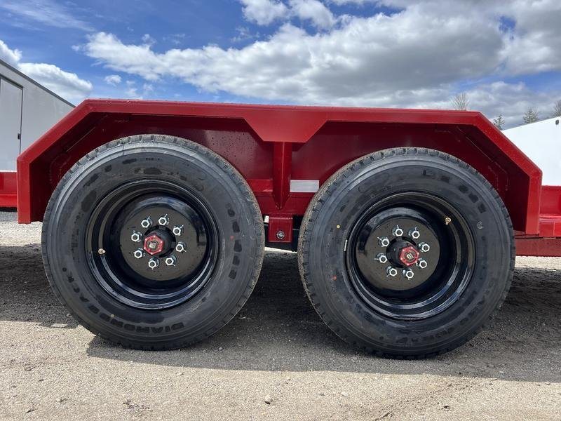 2024 Rice Trailers 22 ft Tilt Deck – Red, Toolbox – Close-up side view of the dual axles and black wheels under fenders