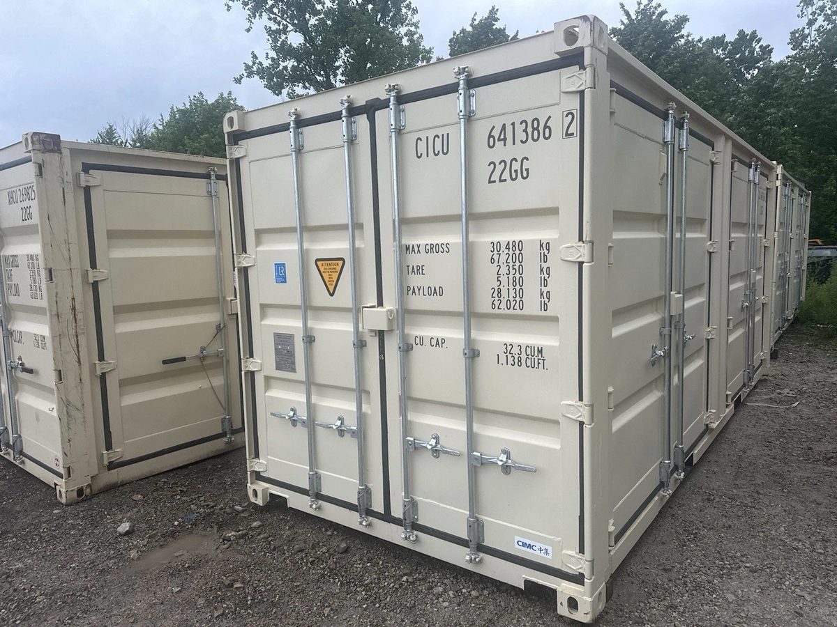 20ft One-Trip Shipping Container β Full-Length Side Doors β three-quarter exterior view with end and side doors closed