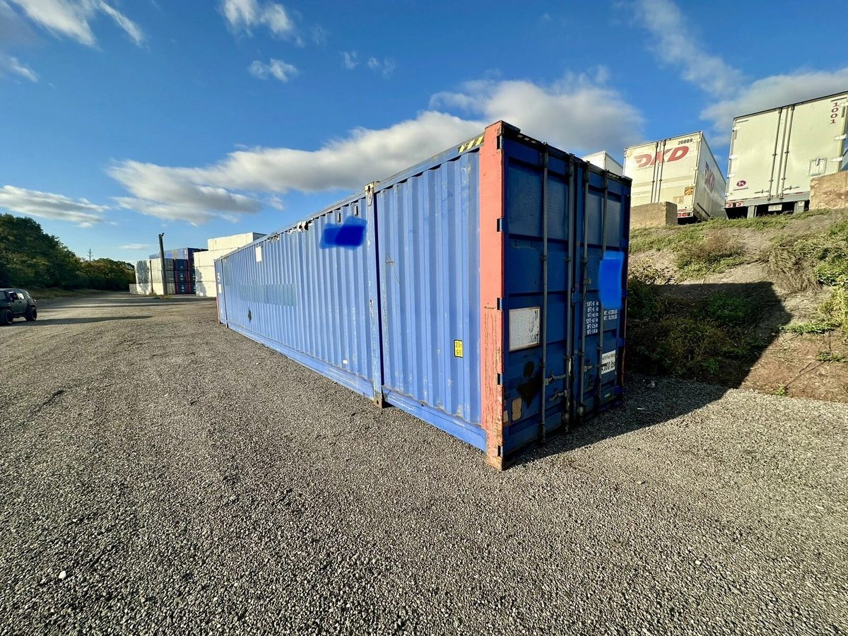 53ft High Cube Steel Shipping Container – Double End Doors – three-quarter exterior view of blue container with cargo doors closed