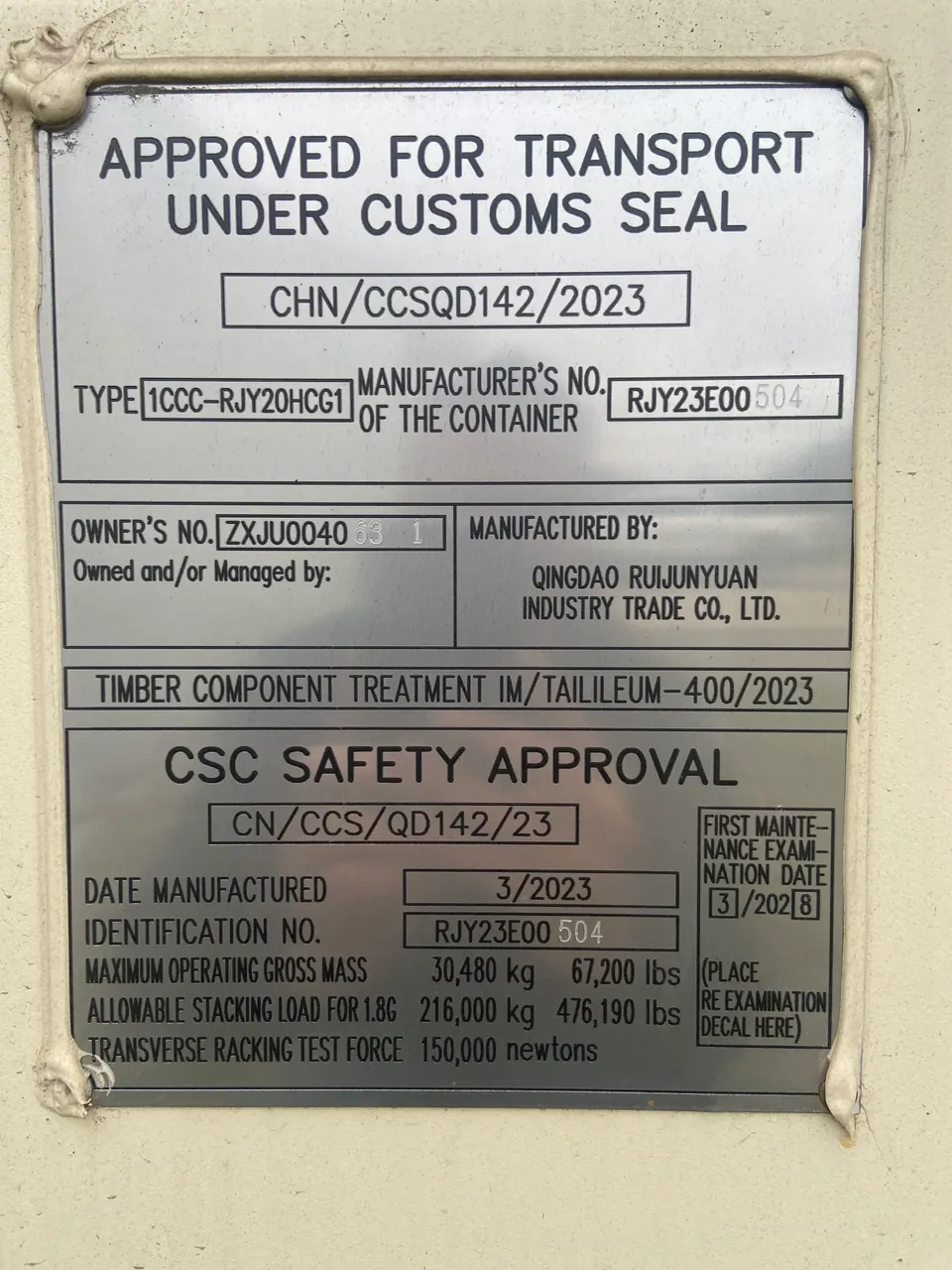 20ft High Cube Shipping Container – One-Trip, Extra Height – close-up of container identification and safety approval plate
