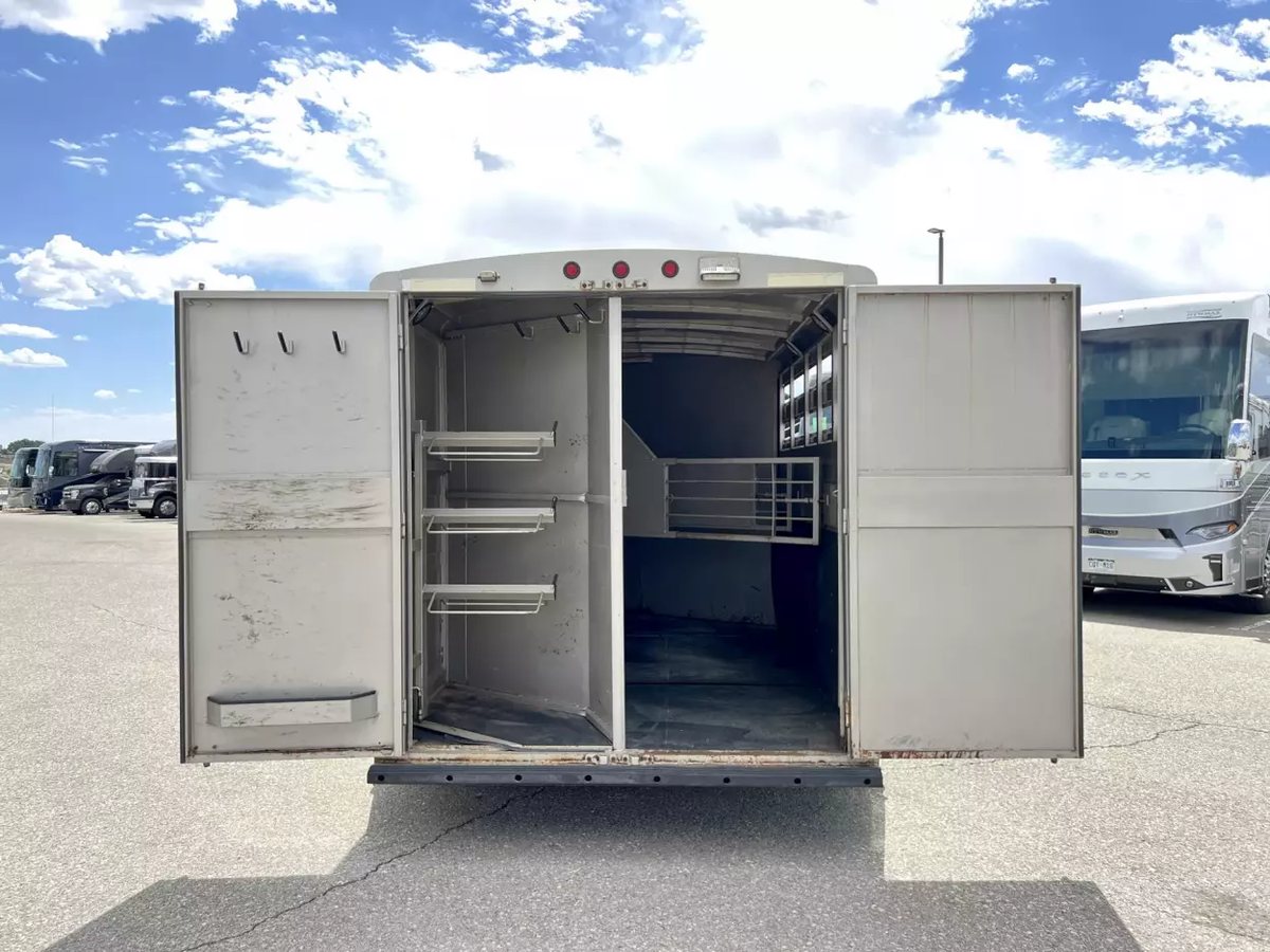 2001 Titan 3 Horse Gooseneck Trailer – Steel, Dressing Room – Rear view of the trailer with the double doors standing open